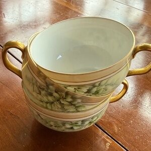 Beautifully hand painted Gold-Handled Floral tea cups - Green and Gold